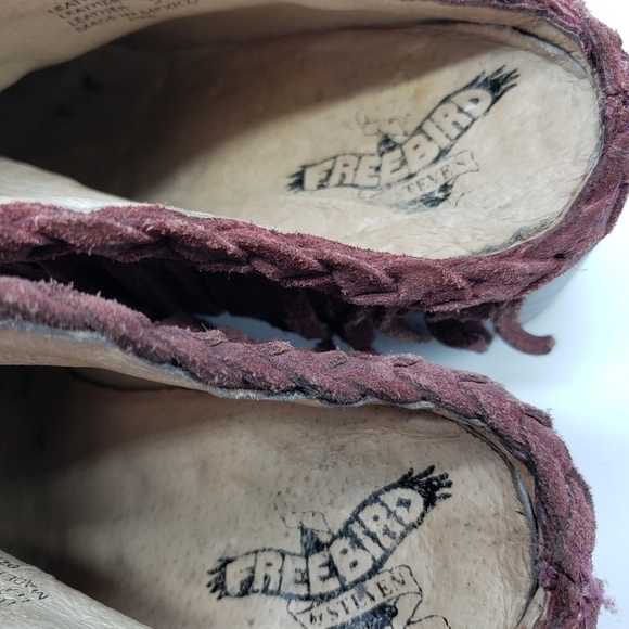 FREEBIRD women US 8 burgundy mules braid fringe suede stacked block heel leather - Picture 8 of 13